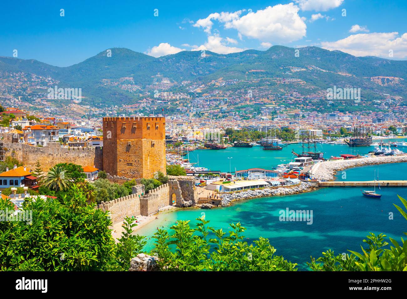 Panoramic view of the harbor of Alanya on a beautiful summer day. Alanya, Turkey  Stock Photo