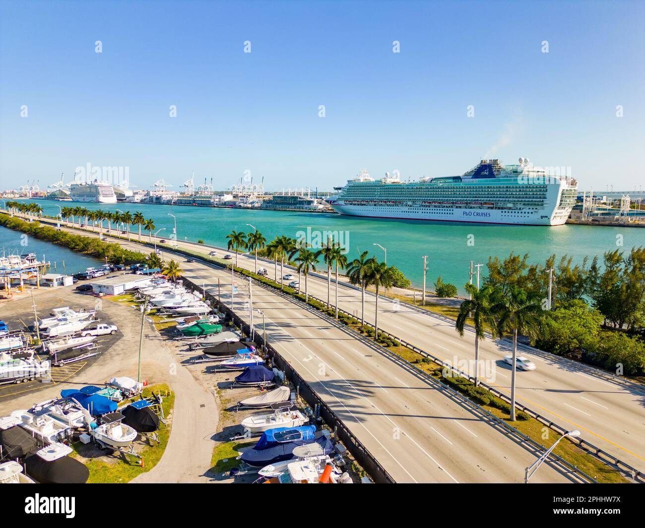 Miami, FL, USA March 26, 2023 View of a cruise ship at Port of Miami
