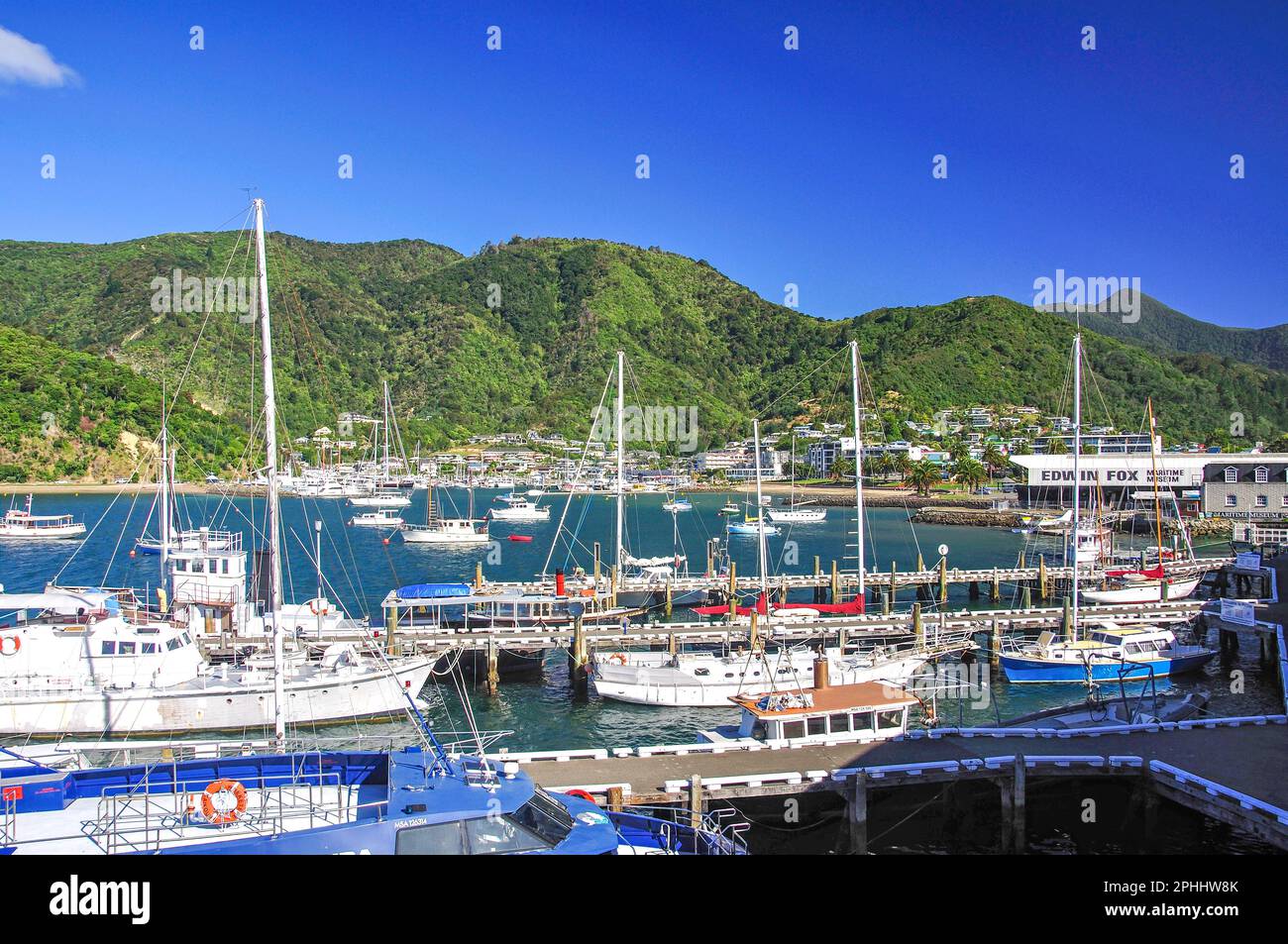 View of town and harbour, Picton, Queen Charlotte Sound, Marlborough Sounds, Marlborough Region, South Island, New Zealand Stock Photo