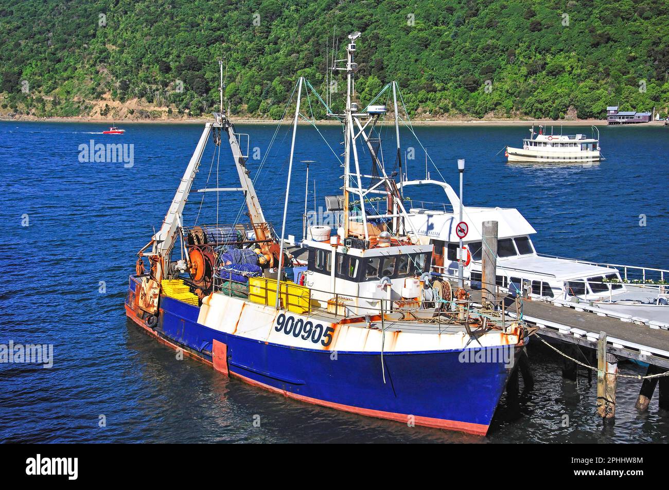 Fishing boat in Harbour, Picton, Queen Charlotte Sound, Marlborough Sounds, Marlborough Region, South Island, New Zealand Stock Photo