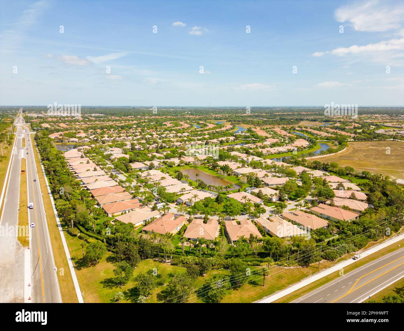 Aerial photo vast landscape neighborhoods in Vero Beach FL Stock Photo