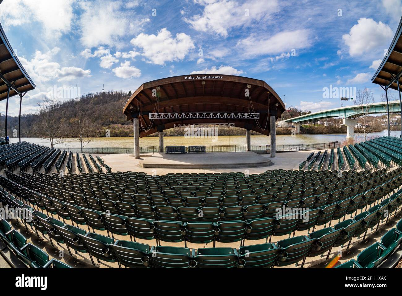 Fish eye wide angle lens view of the Ruby Amphitheater by the river in Morgantown West Virginia in spring Stock Photo