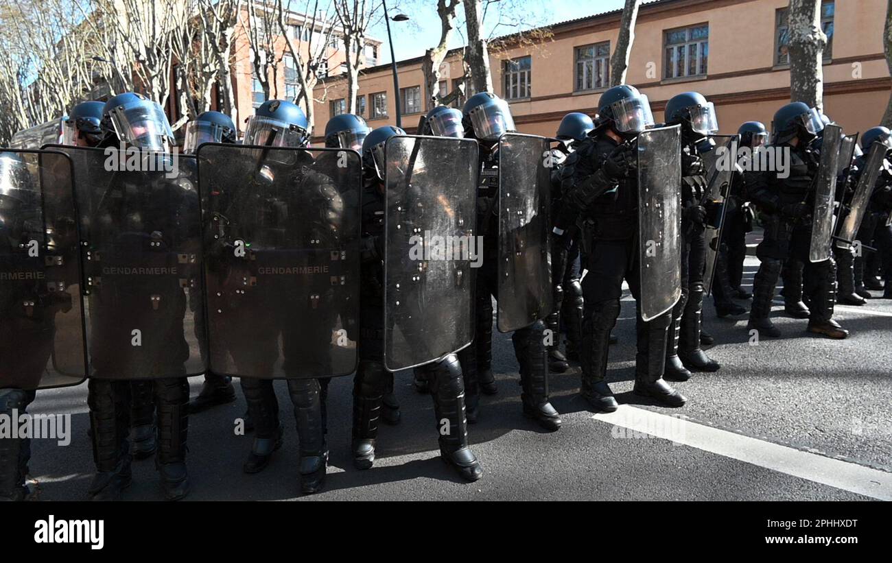 2023 03 28: demonstrations against retirement new law in France by president Macron turned into violent clashes with anti riot police units all over France. Stock Photo