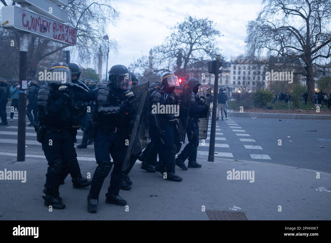 Paris, France, March 28, 2023. French riot police charge during a ...