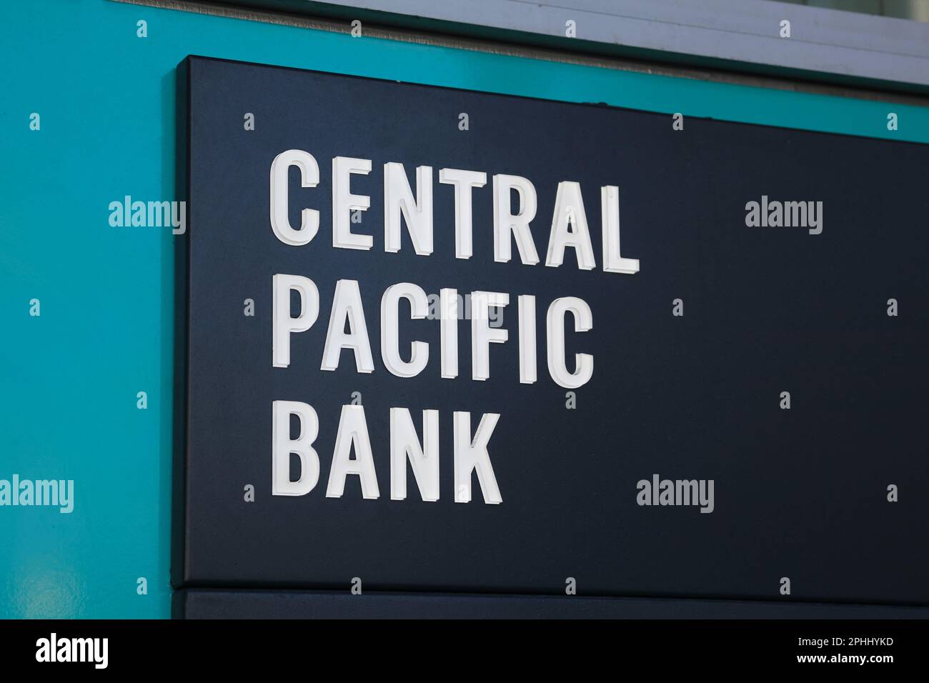 Honolulu, HI - January 10, 2023: Close up of Central Pacific Bank sign at local branch. Stock Photo