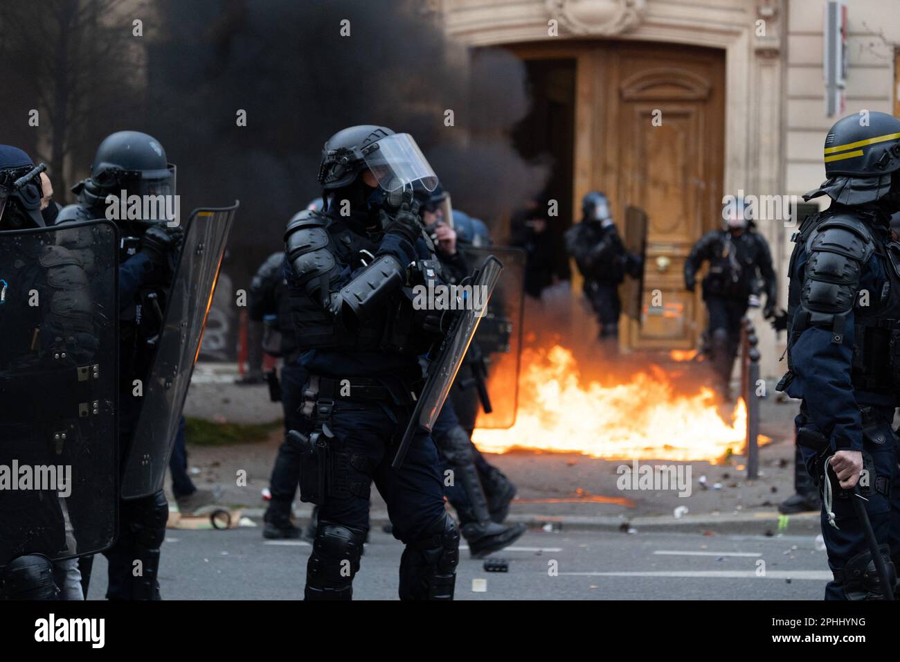 Paris, France, March 28, 2023. French riot police charge next to ...