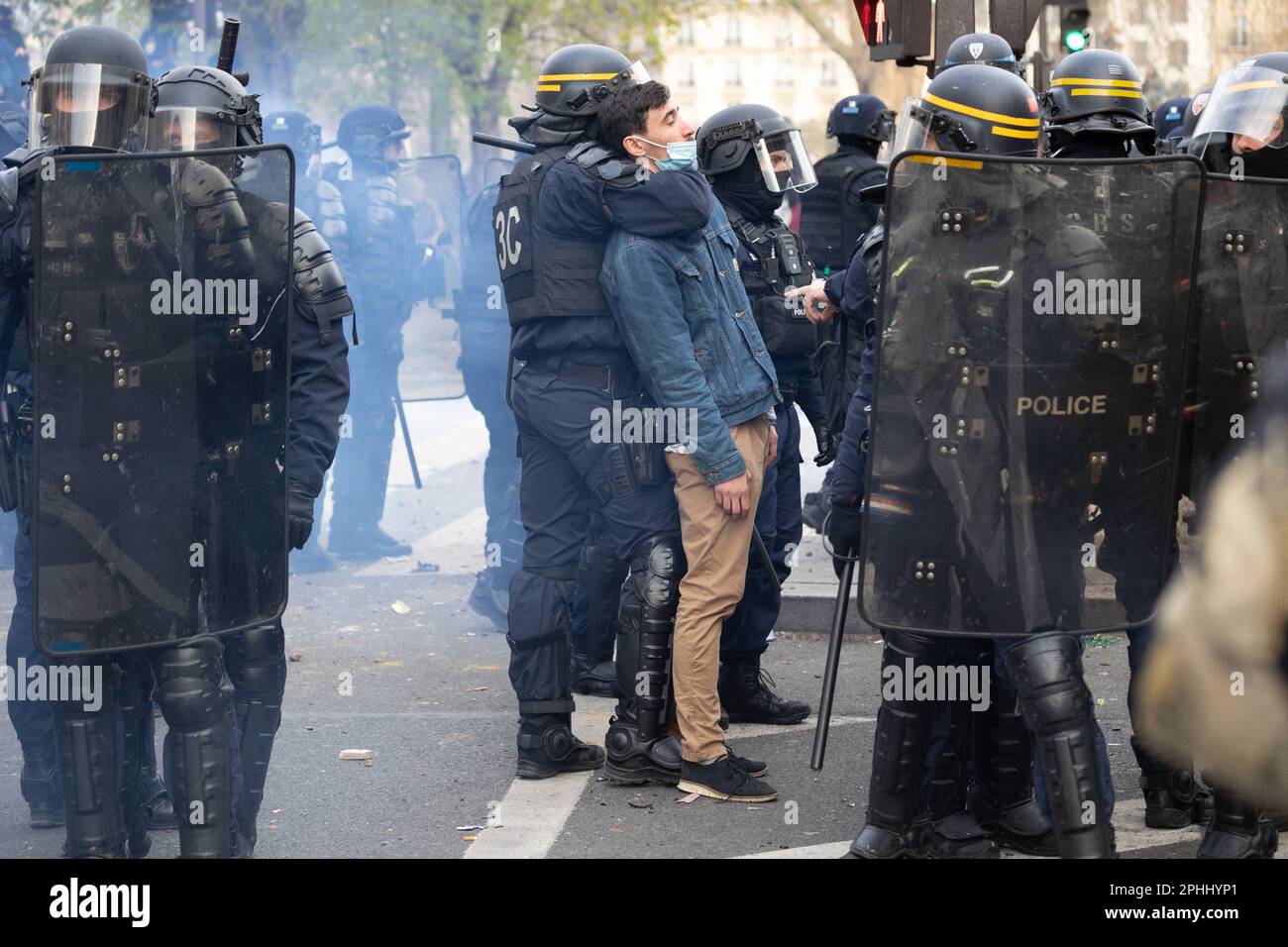 Paris, France, March 28, 2023. French riot police arrest protesters ...