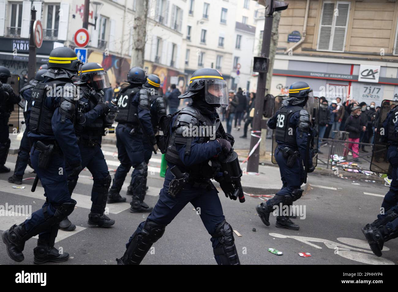 Paris, France, March 28, 2023. French riot police charge during a ...