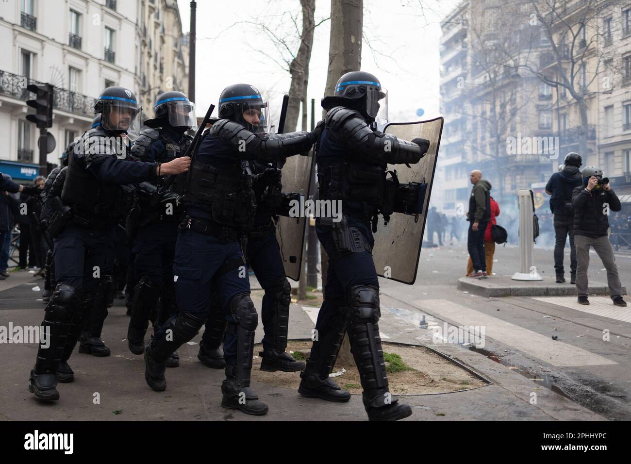 Paris, France, March 28, 2023. French riot police charge during a ...