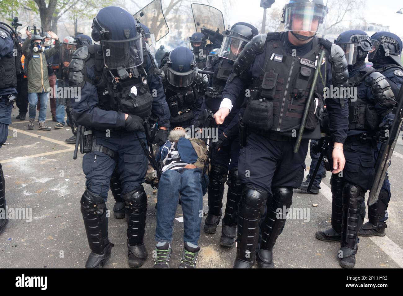 Paris, France, March 28, 2023. French riot police evacuate an injured ...
