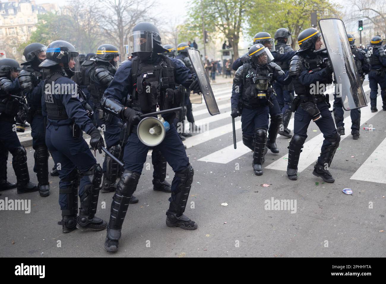 Paris, France, March 28, 2023. French riot police charge during a ...