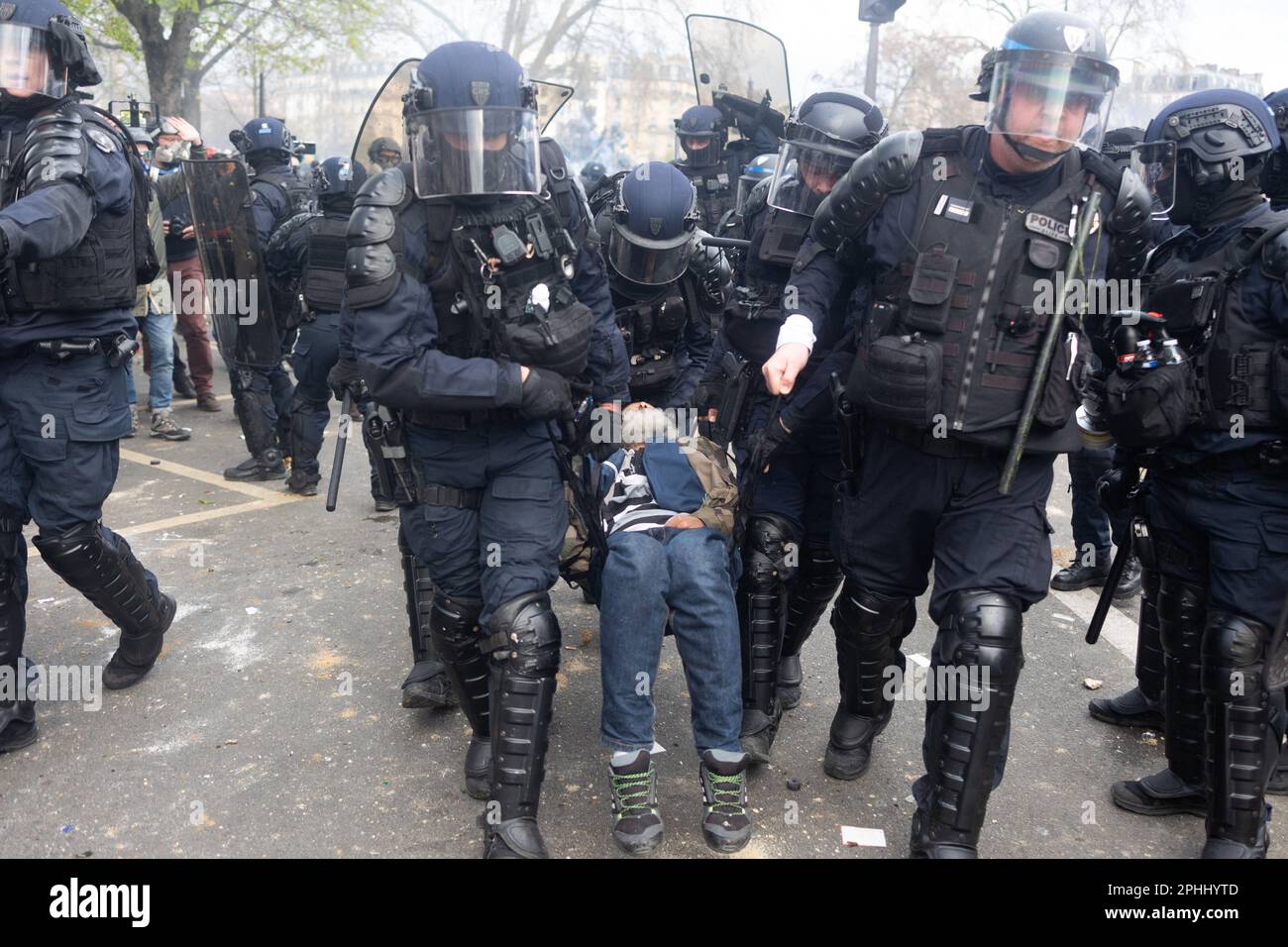 Paris, France, March 28, 2023. French riot police evacuate an injured ...