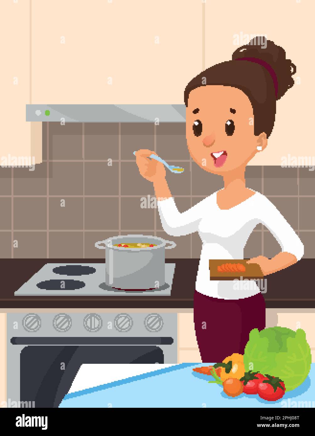 Pretty woman cooking soup at the kitchen. Vector illustration Stock Vector