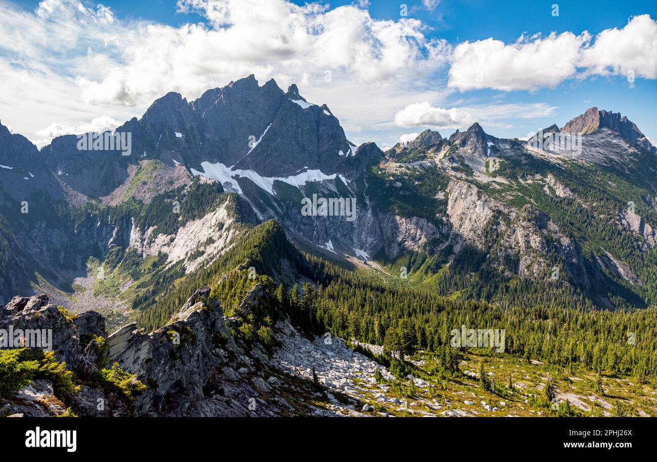 Three Fingers and Whitehorse Mountain Rise over Squire Creek Valley. Cascade Mountain Range, Washington Stock Photo