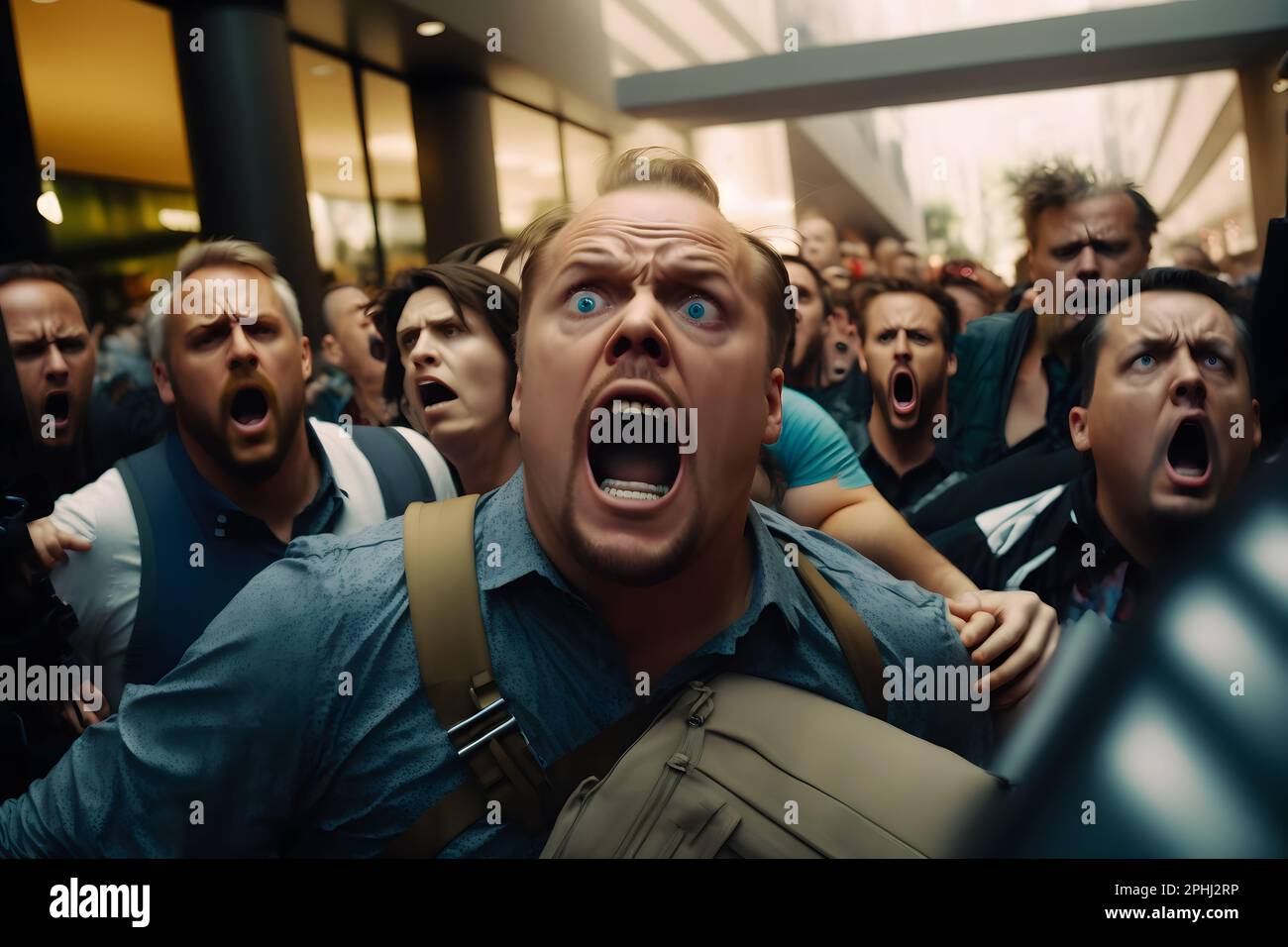 Crowd of panicking people. People scream in fear. Neural network AI