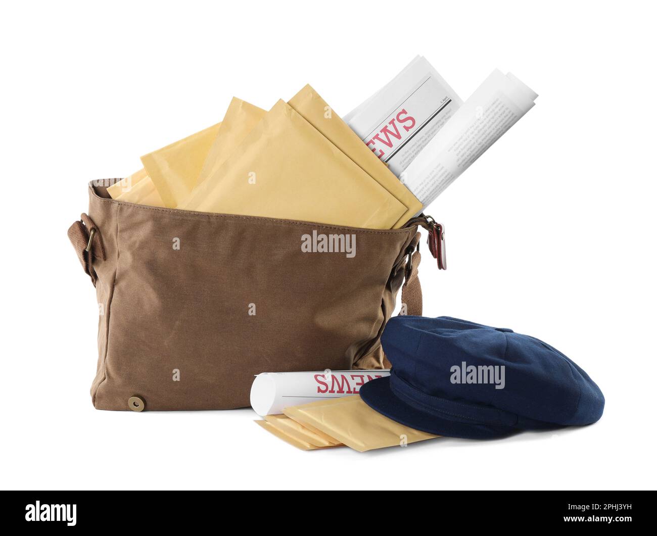 Brown postman's bag with envelopes, newspapers and hat on white background Stock Photo