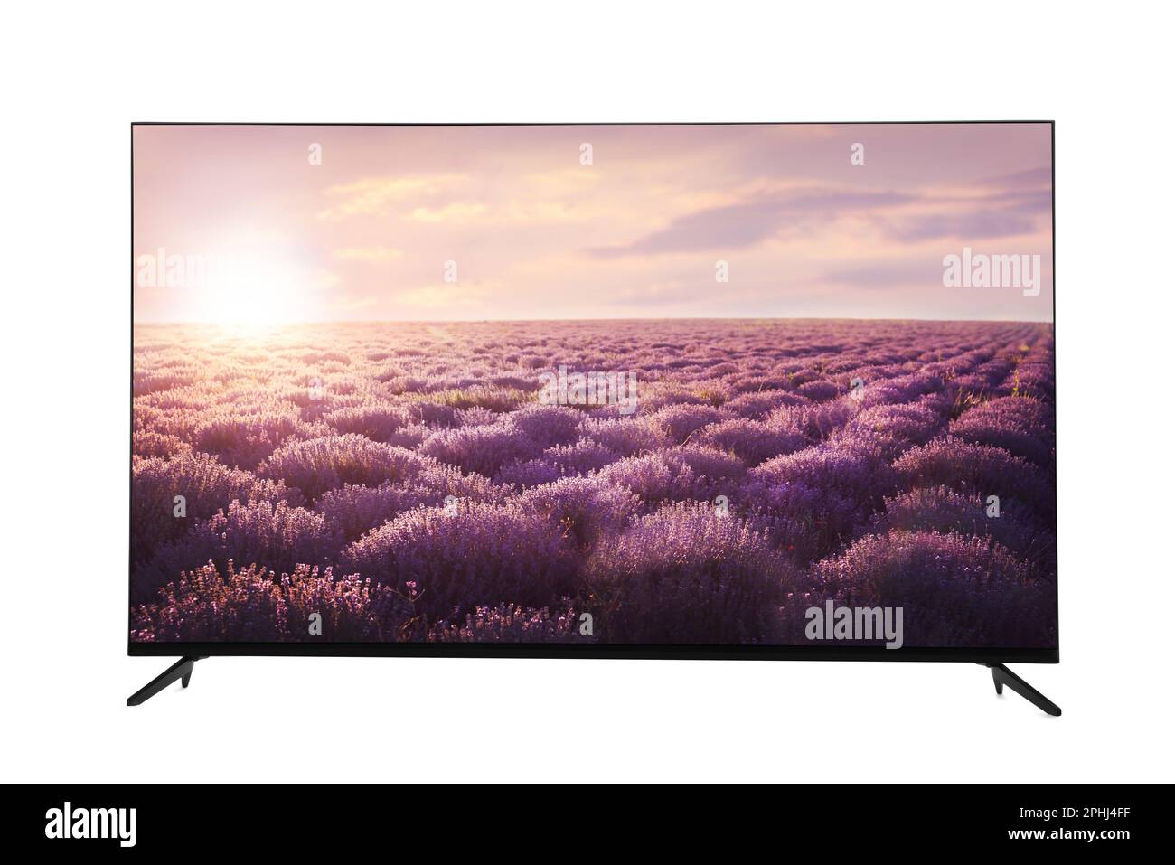 Modern wide screen TV monitor showing beautiful lavender field at sunrise isolated on white Stock Photo