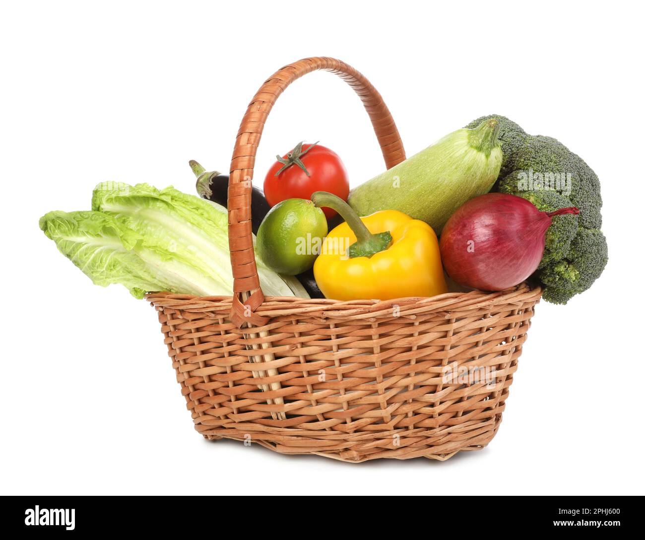 Fresh ripe vegetables and fruit in wicker basket on white background ...