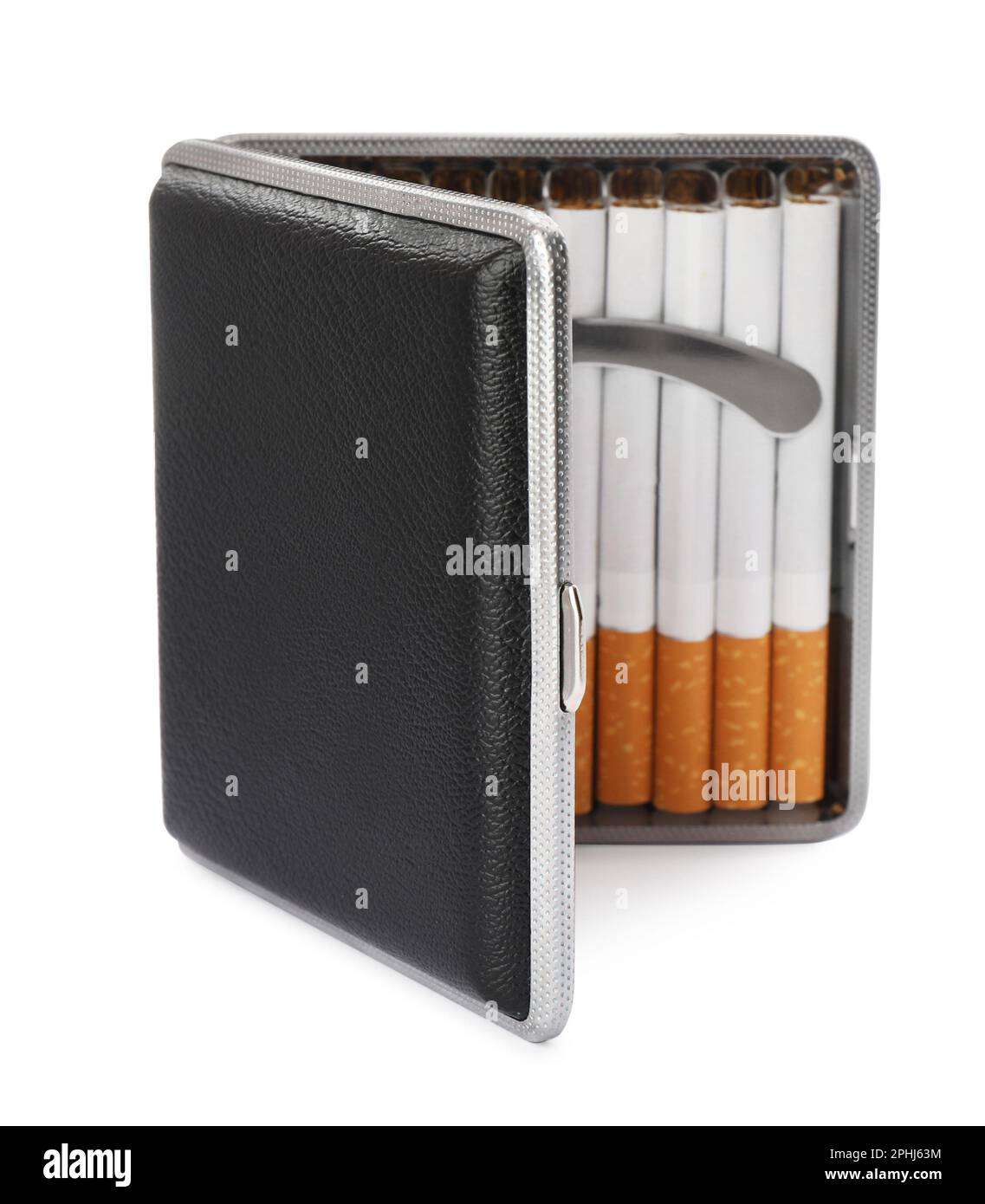 Stylish case with cigarettes isolated on white Stock Photo