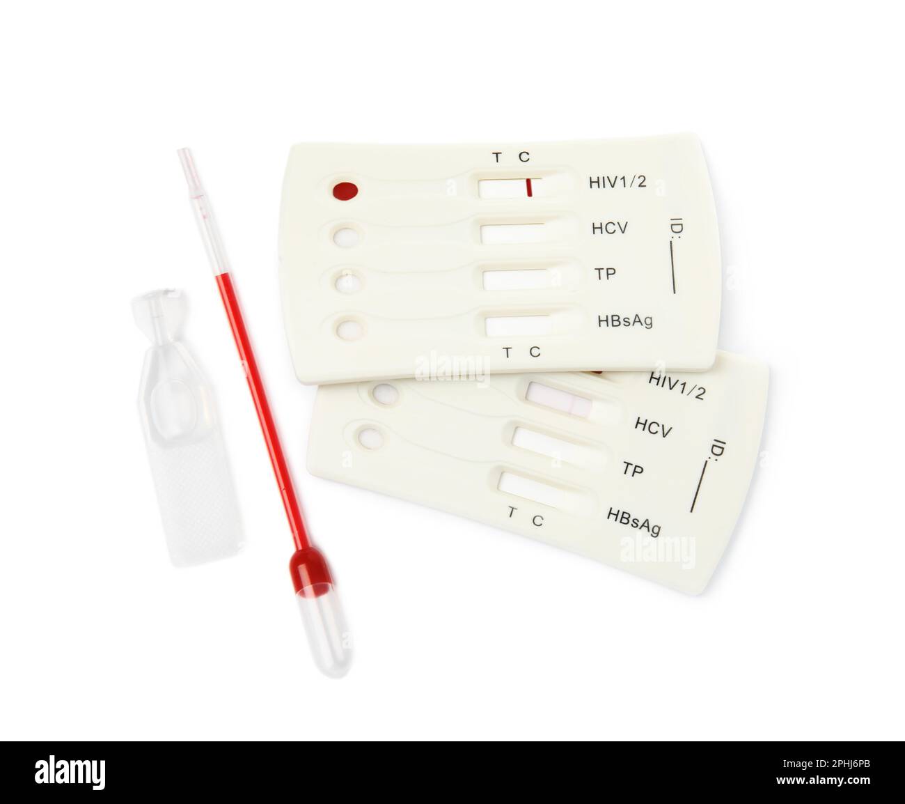 Disposable express hepatitis test kit on white background, top view