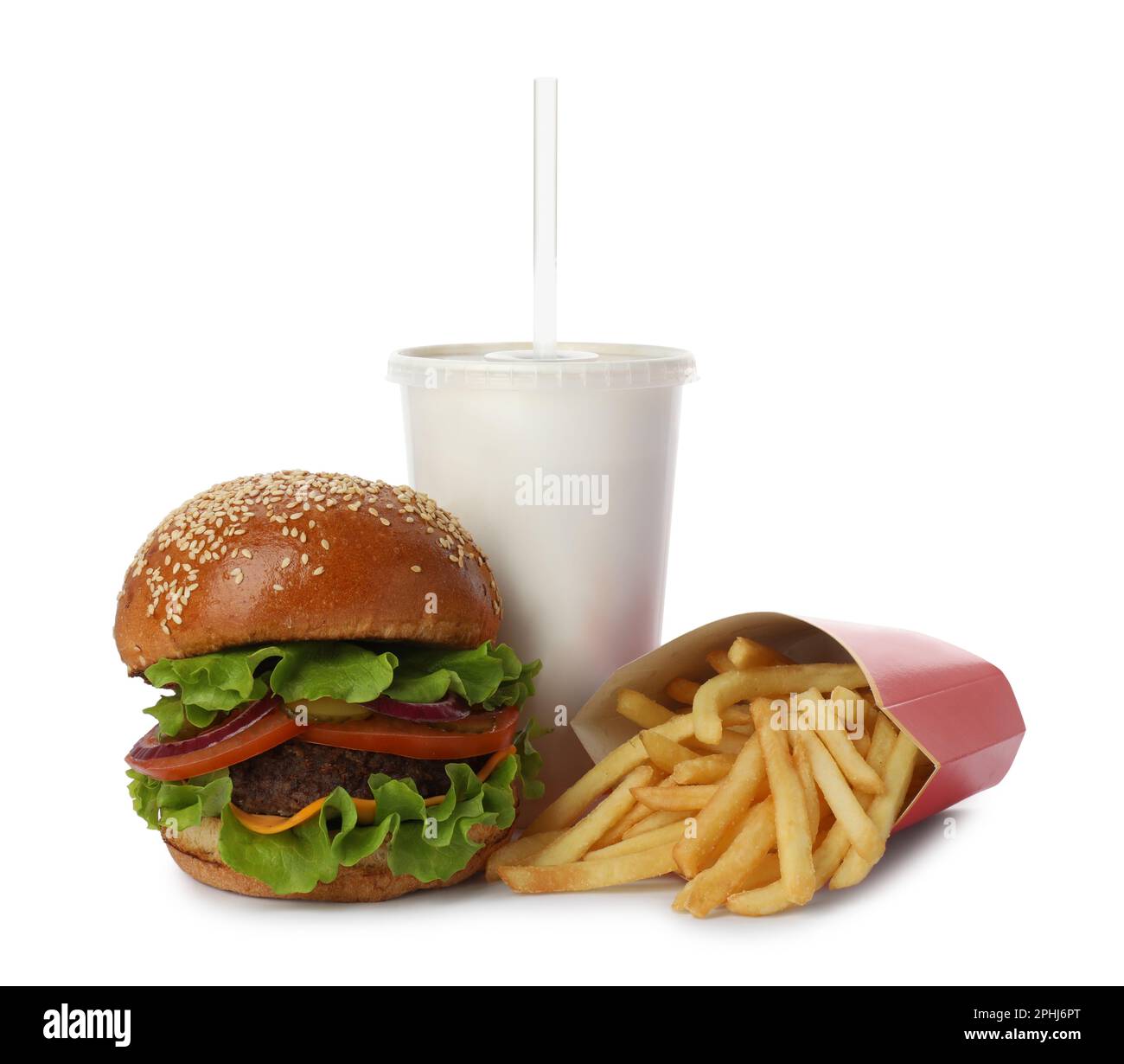 Burger, French fries and refreshing drink on white background. Fast ...