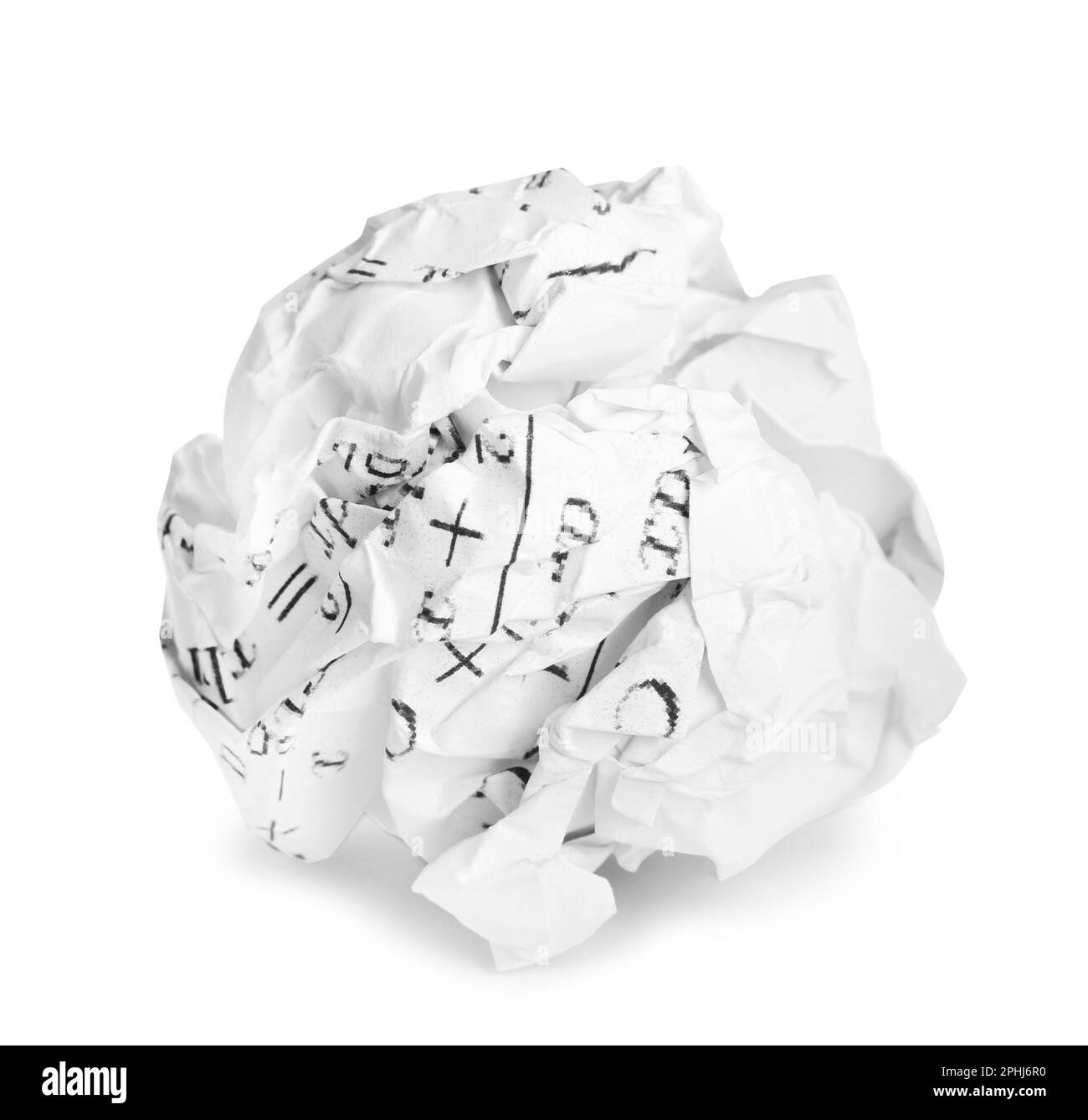 Crumpled sheet of paper with math equations isolated on white Stock