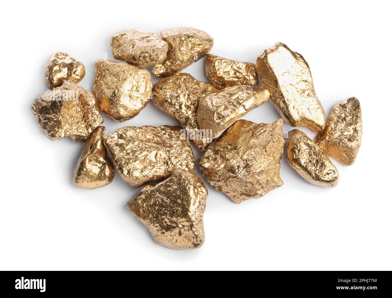 Pile of gold nuggets on white background, top view Stock Photo - Alamy