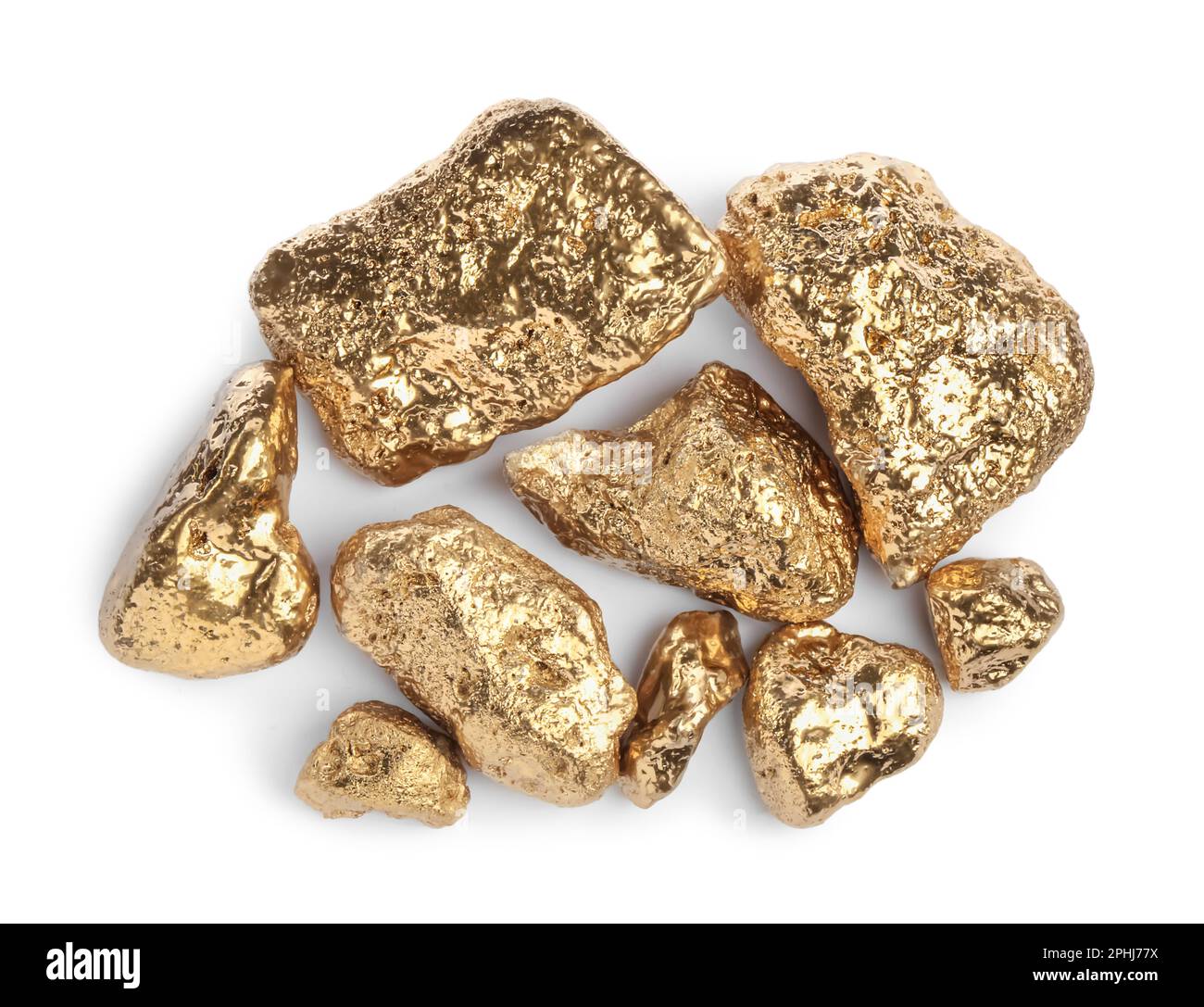 Pile of gold nuggets on white background, top view Stock Photo - Alamy