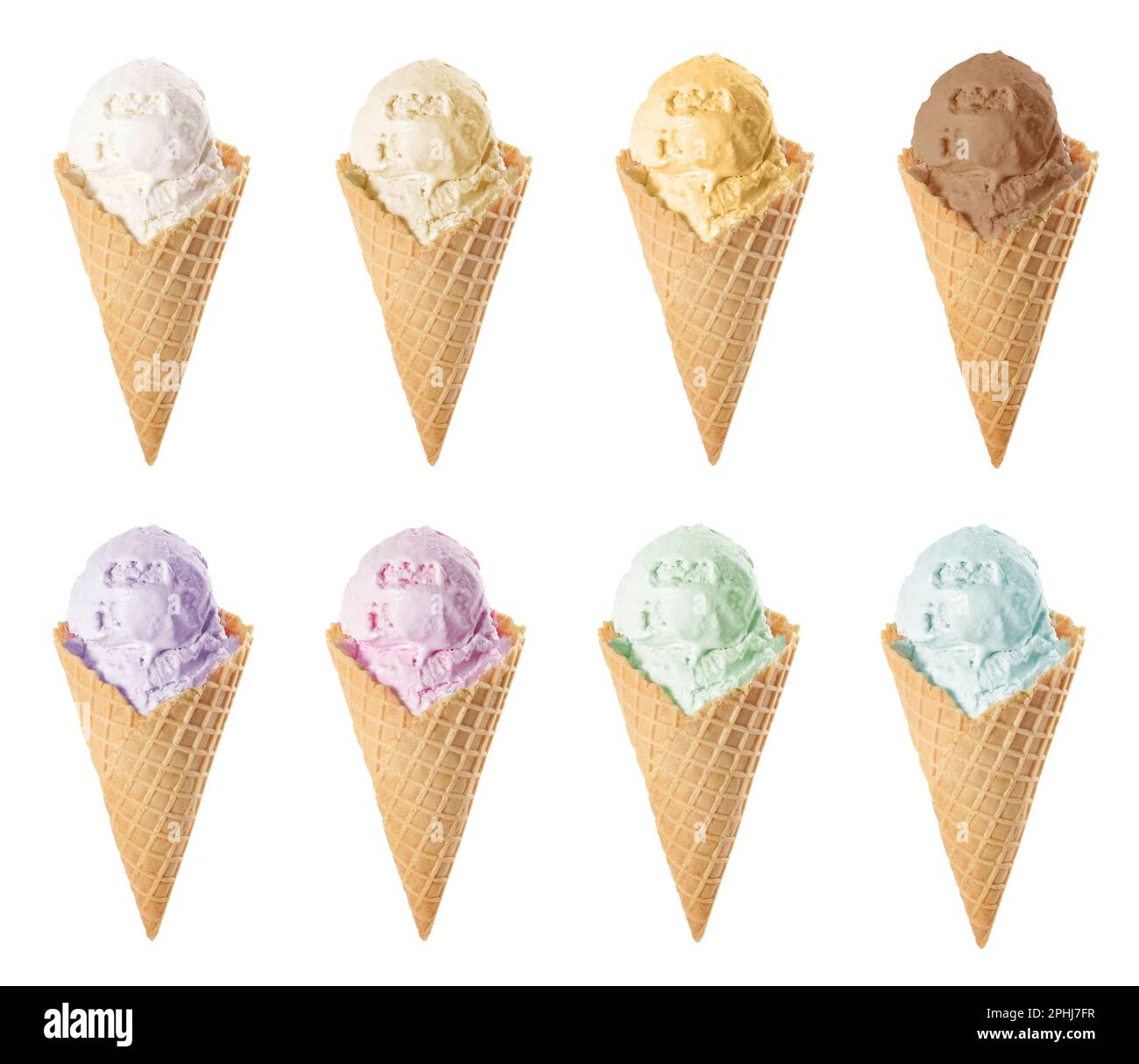 Set With Different Tasty Ice Creams In Wafer Cones On White Background set-with-different-tasty-ice-creams-in-wafer-cones-on-white-background