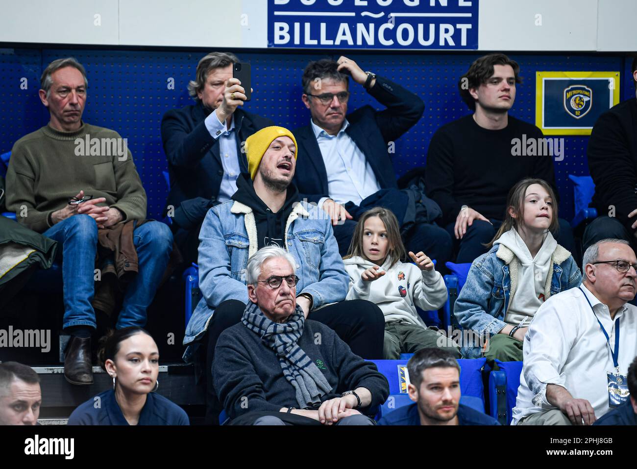Paris, France. 28th Mar, 2023. Carlito (from the YouTube duo Mcfly and  Carlito, also known as Raphael Carlier) with his children Etienne and Jonah  during the French championship, Betclic elite basketball match