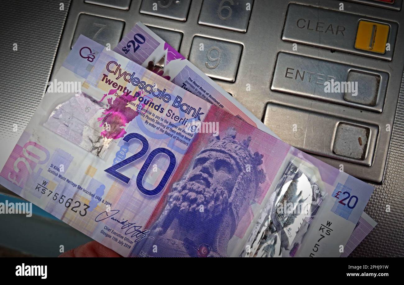 Cashpoint - Scottish bank notes, dispensed from a local ATM, Automatic Teller cash machine, Glasgow, Scotland, UK, G3 8AD Stock Photo