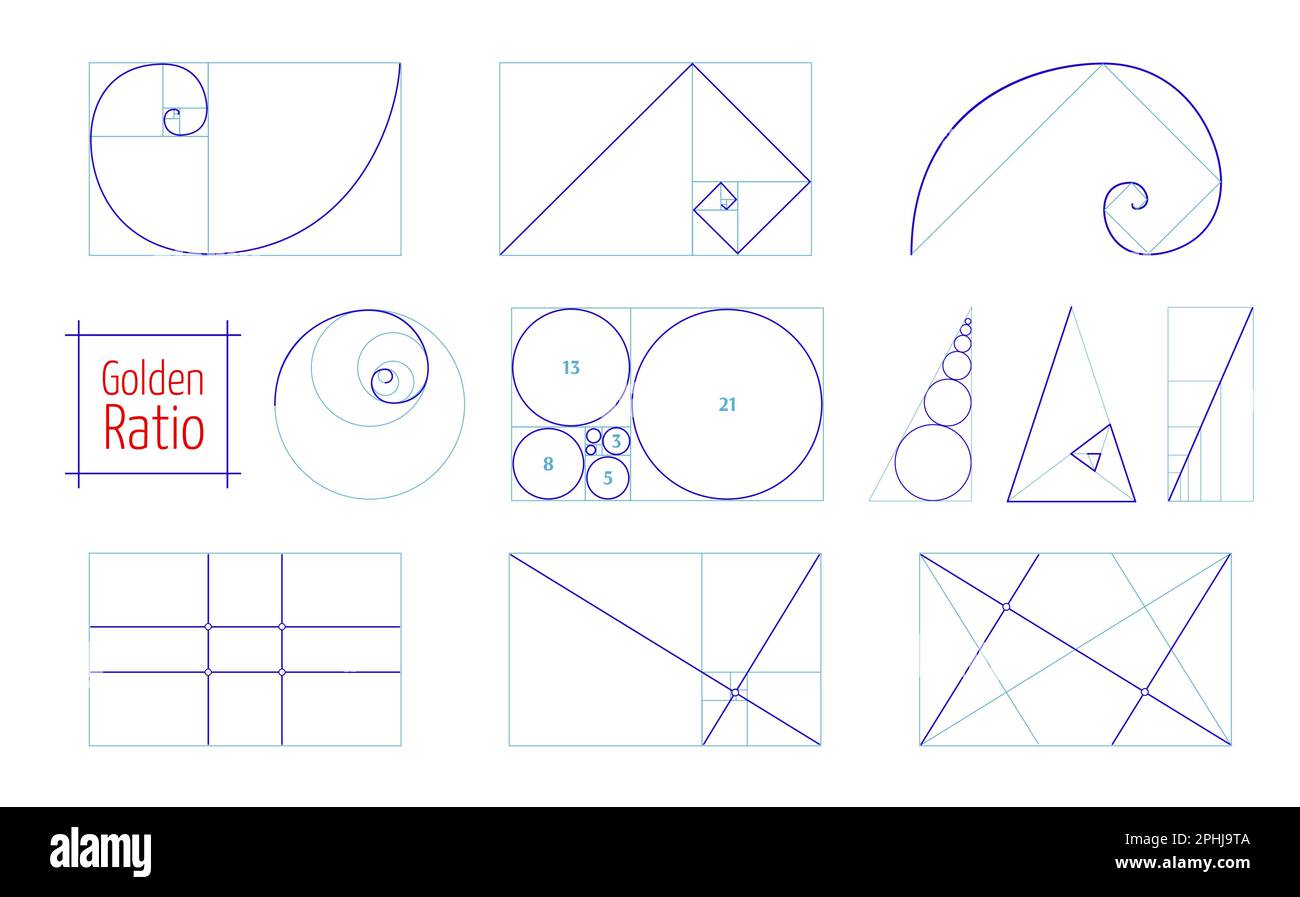 Golden ratio proportions, composition balance in geometry and spiral lines, vector Fibonacci sequence. Golden ration proportions and sections of geome Stock Vector
