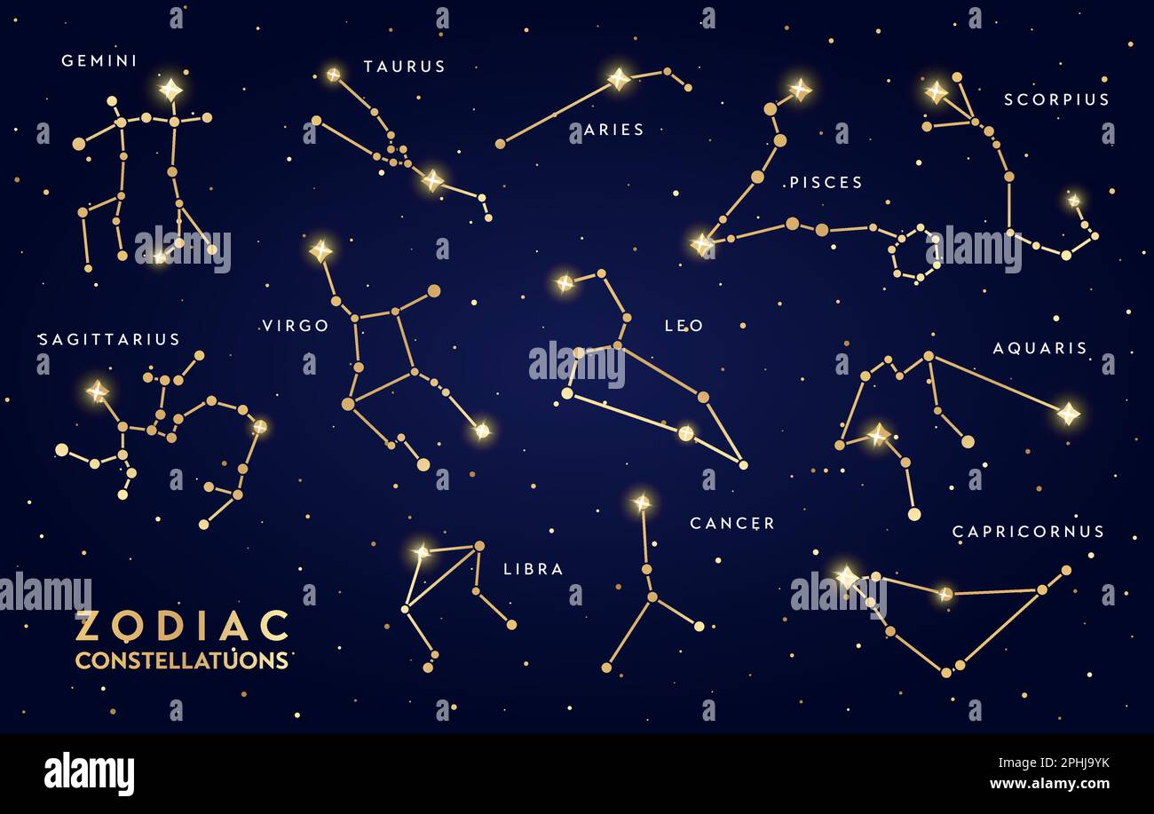 Golden zodiac constellations. Vector bright gold Gemini, Taurus, Aries, Pisces and Scorpius, Aquarius, Leo, Virgo or Sagittarius, Libra, Cancer and Ca Stock Vector