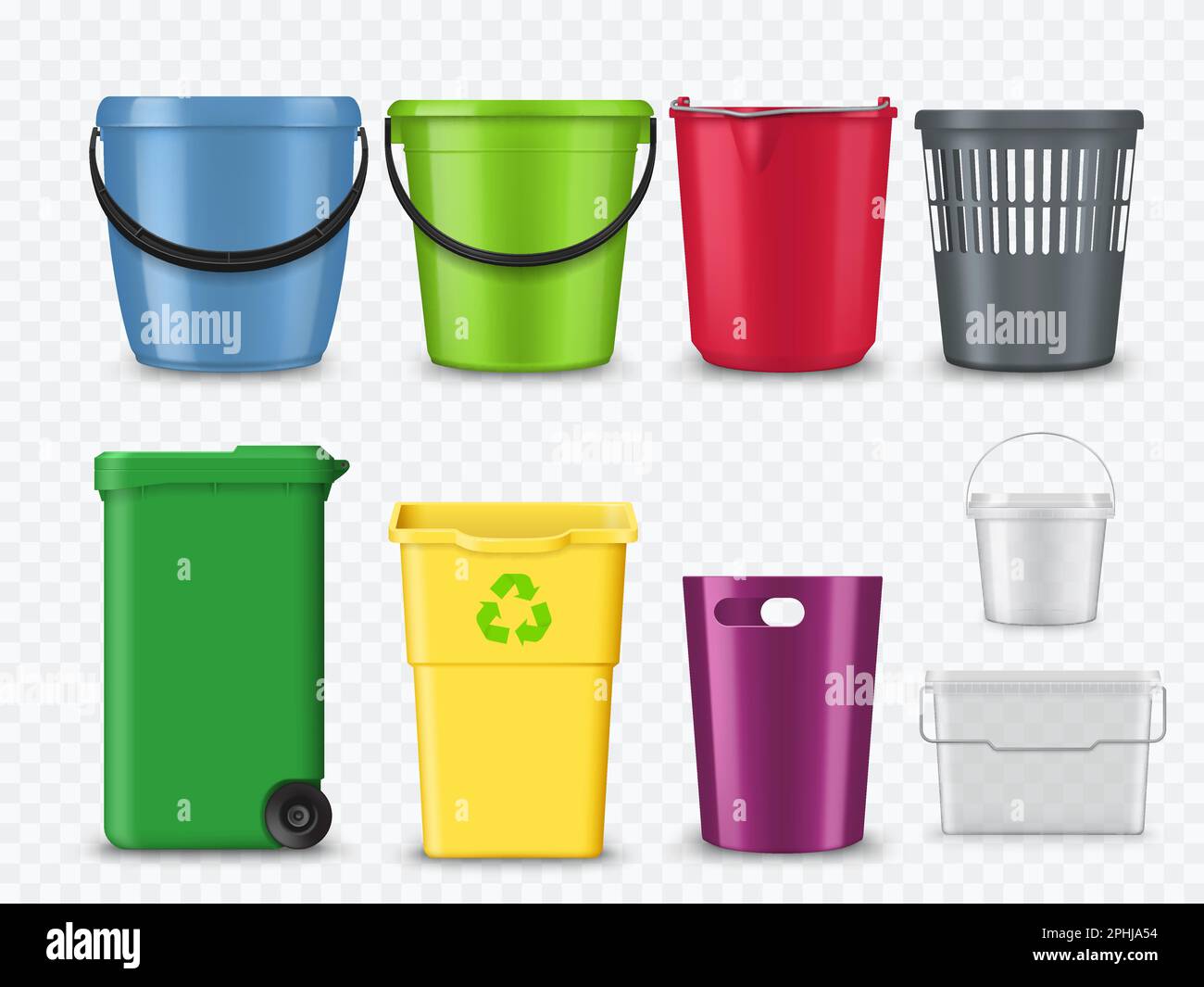 Plastic buckets, trash cans and containers realistic mockup. Household or laundry colorful