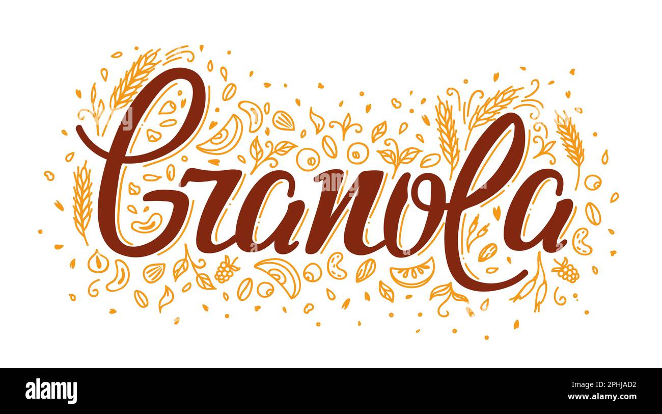 Granola. Cereal food, healthy nutrition product label. Vegetarian food farm, muesli and oatmeal