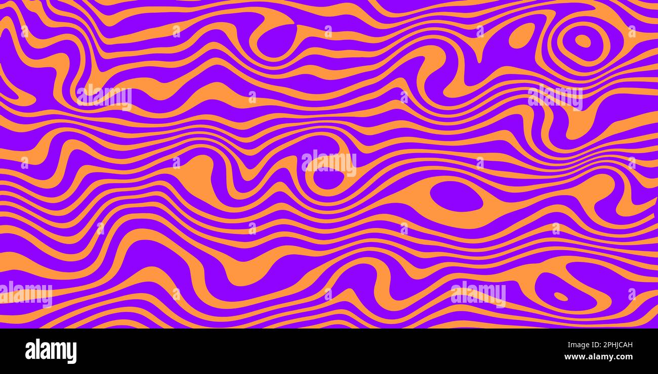 Retro groovy background. Vintage trippy psychedelic wallpaper. Purple orange liquid hippie texture. Acid color wavy pattern for poster in 60s or 70s style. Vector Stock Vector