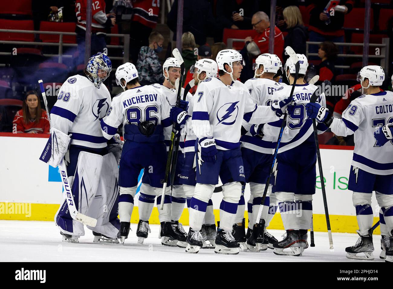Tampa Bay Lightning goaltender Andrei Vasilevskiy (88) is congratulated