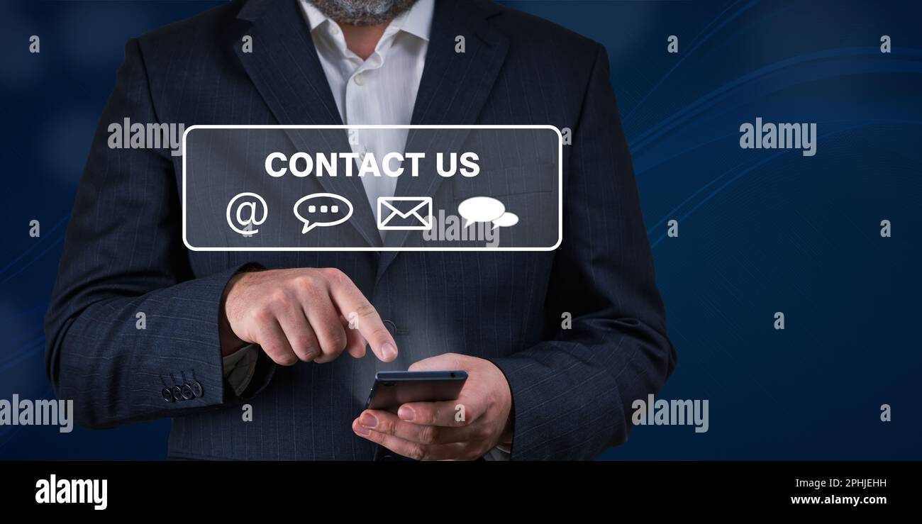 Contact us Businessman holding mobile smartphone with mail phone email ...