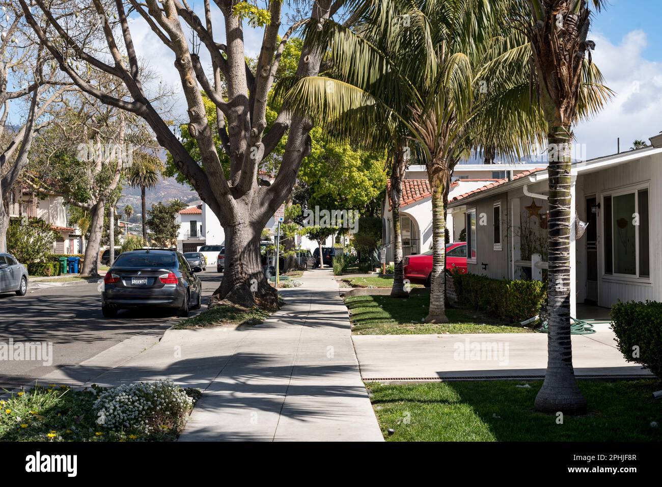 A view of a residential street in Santa Barbara, California Stock Photo