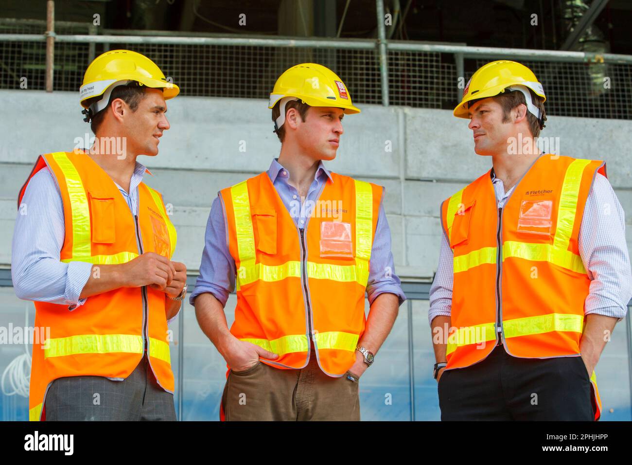 (L-R) All Black Dan Carter with Prince William and captain Richie McCaw at Eden Park Rugby Stadium to view developments for the 2011 Rugby World Cup Stock Photo