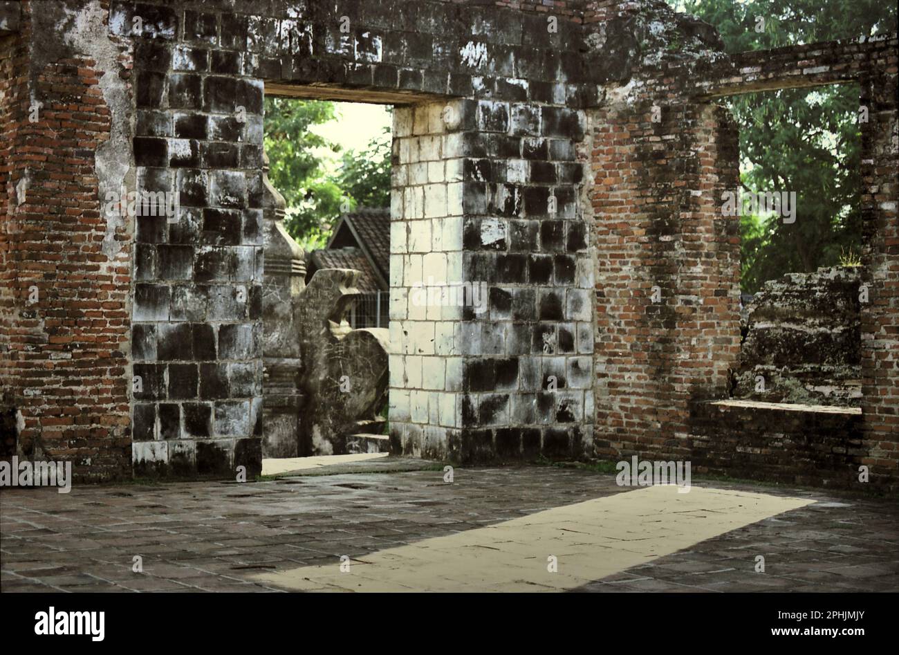 A corner at the remaining of Kaibon palace, one of the cultural heritage objects from Banten Sultanate period located in area now called Banten Lama (Old Banten) in Serang, Banten, Indonesia. 'The sustainability of cultural heritage is strongly linked to the effective participation of local communities in the conservation and management of these resources,' according to a team of scientists led by Sunday Oladipo Oladeji in their research article published on Sage Journals on October 28, 2022. Banten Lama (Old Banten) area was a part of the important port of Banten Sultanate. Stock Photo