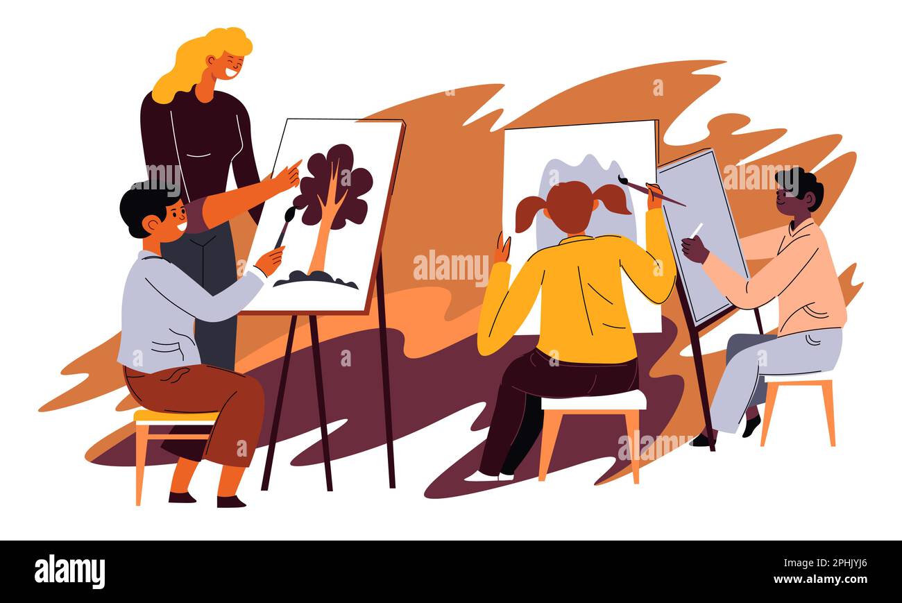 Teacher in art classes with kids painting lessons Stock Vector Image