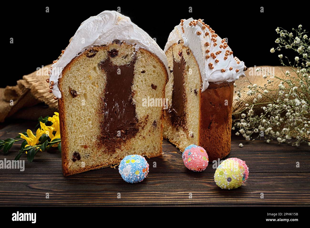 Traditional Easte Treat, Homemade Paska with Colorful Eggs Stock Photo