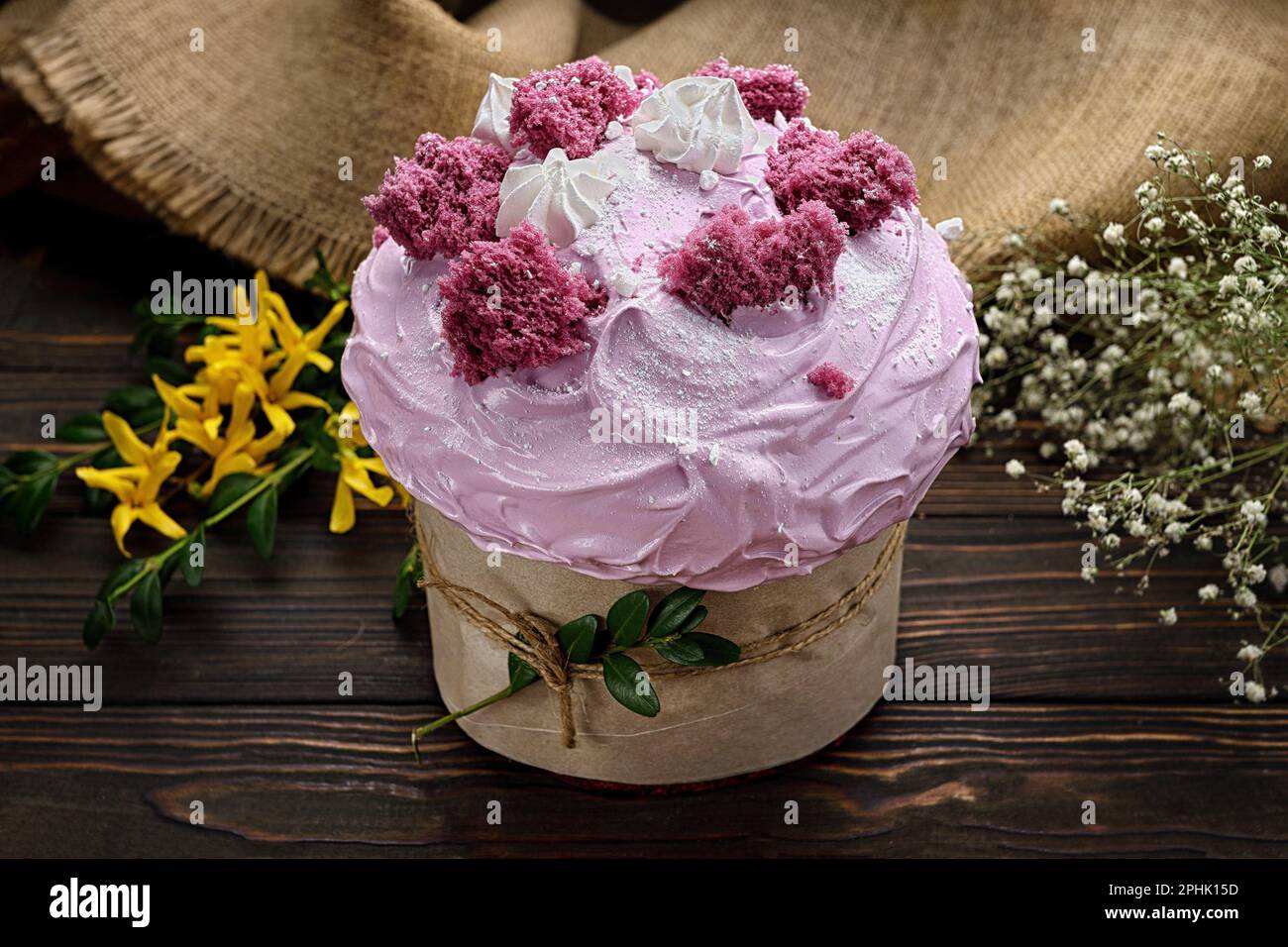 Traditional Easte Treat, Homemade Paska with Colorful Eggs Stock Photo