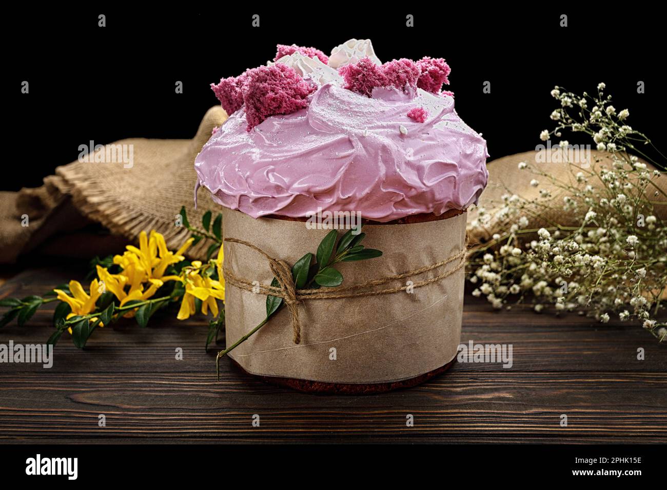 Traditional Easte Treat, Homemade Paska with Colorful Eggs Stock Photo