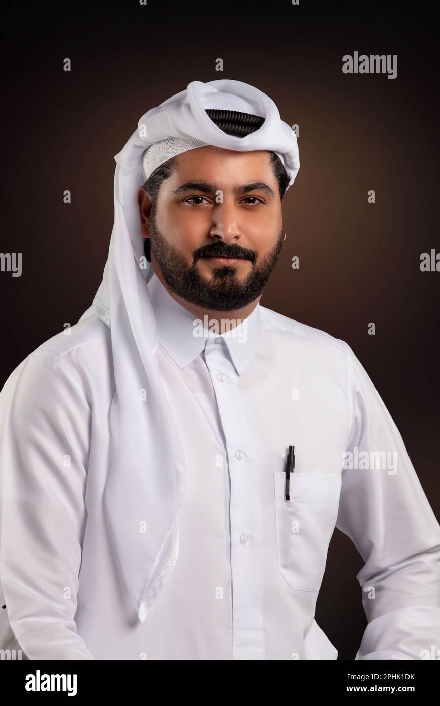 Doha Qatar January 12 2023: Portrait of Qatari men in traditional Doha Qatar January 12 2023: Portrait of Qatari men in traditional