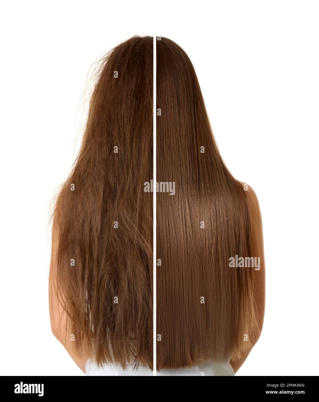 Woman before and after washing hair with moisturizing shampoo on white