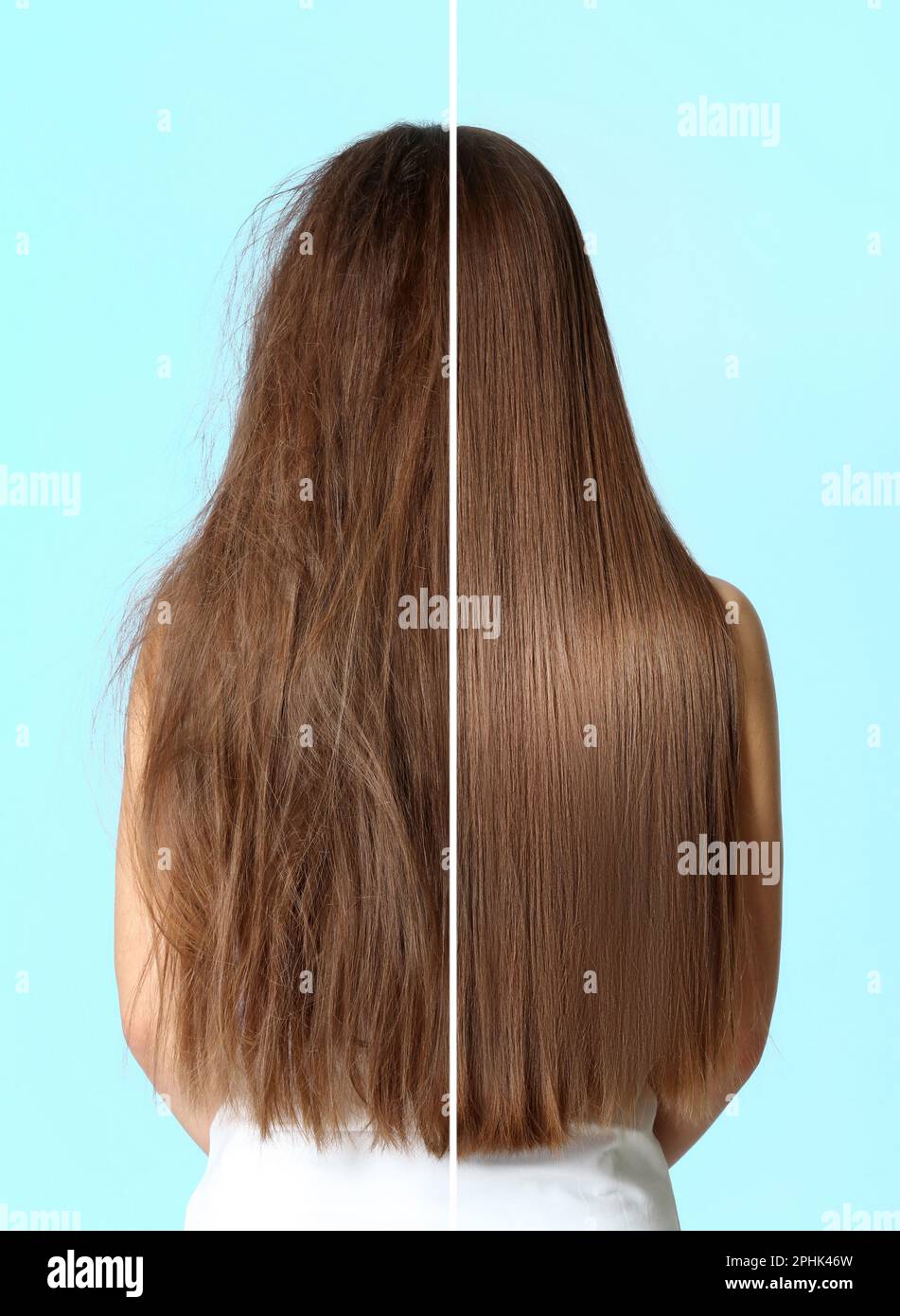 Woman before and after washing hair with moisturizing shampoo on turquoise background, collage