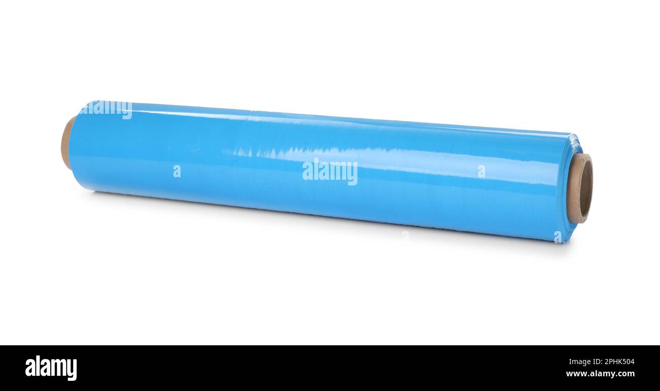 Roll of light blue stretch wrap isolated on white Stock Photo - Alamy