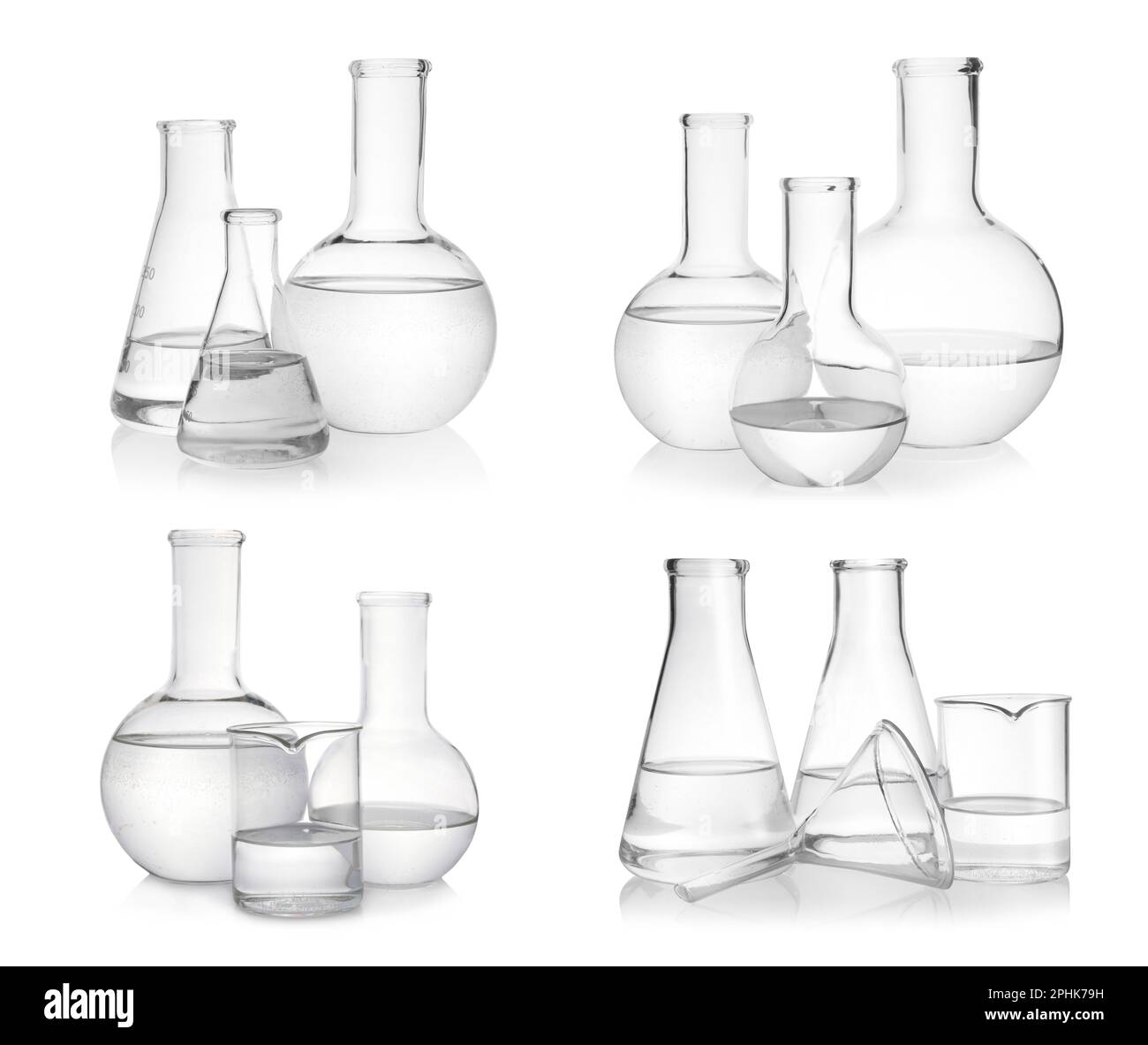 Set of different laboratory glassware on white background Stock Photo